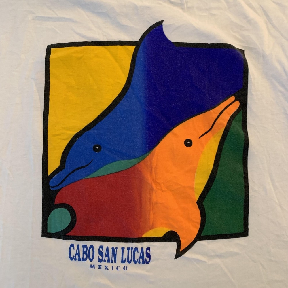 Vintage‎ Cabo San Lucas Mexico Tee Mens XL Dolphin White Color Block Graphic Tee